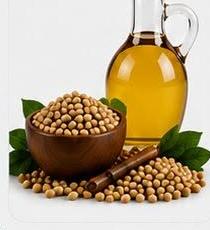 Jug of edible oil with soybeans